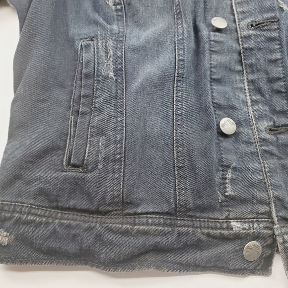 Free People Women Denim Black Jacket Large Mixed Media Hooded Lightly distressed - Picture 10 of 12